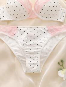 DelicateAllure 2pcs Pink Lace Patchwork Polka Dot Bra Set, High Support Underwire Lift & Gather, Cute & Charming Women's Lingerie Set - Black and White - View 4