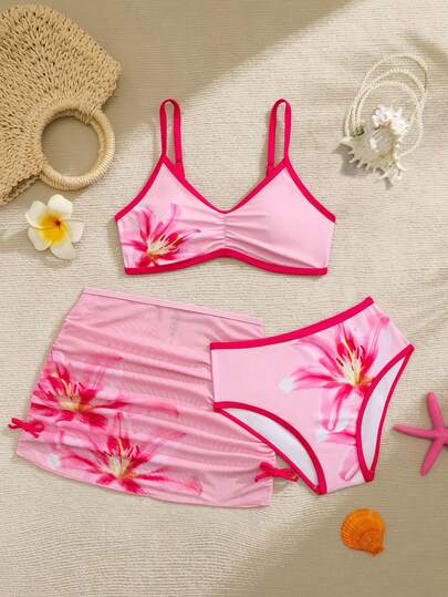 Tween Girl Floral Print Ruffle Swimsuit Set With Cover-Up And Mini Skirt, Summer Holiday