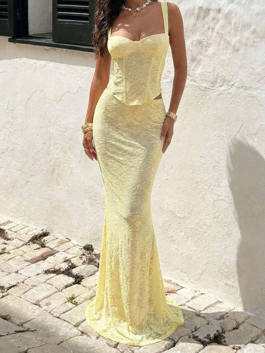 Opulessa 女士纯色针织蕾丝修身吊带背心和紧身半身裙两件套，春夏款 - 淡黃色 - 查看 1