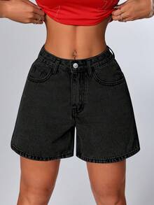 SHEIN PETITE Short de mezclilla holgado y casual con bolsillos en unicolor, adecuado para el verano para mujeres - Gris Claro - Ver 5