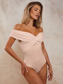 COSMINA Women's Solid Color Off-Shoulder Twist Design Bodysuit - Baby Pink - View 5