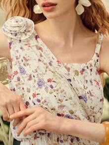 MOTF PREMIUM 女士浪漫印花不对称领连衣裙，春夏款 - 杏色 - 查看 2