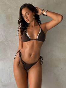 Aloruh 女士夏季新款扎染印花比基尼套装，性感派对音乐节炫彩贝壳装饰女士泳装，女士海滩度假装 - 咖啡棕 - 查看 4