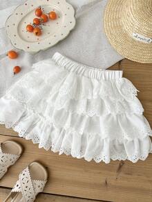 SHEIN LMoss Kids Young Girls' French Elegant Cotton Embroidered Cake Skirt Shorts - White - View 2