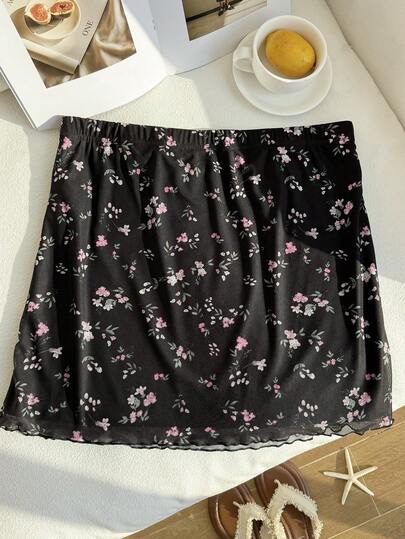 Comfortcana Falda de malla con volantes y estampado floral, adecuada para una cita en el Día de San Valentín, primavera/verano, talla grande