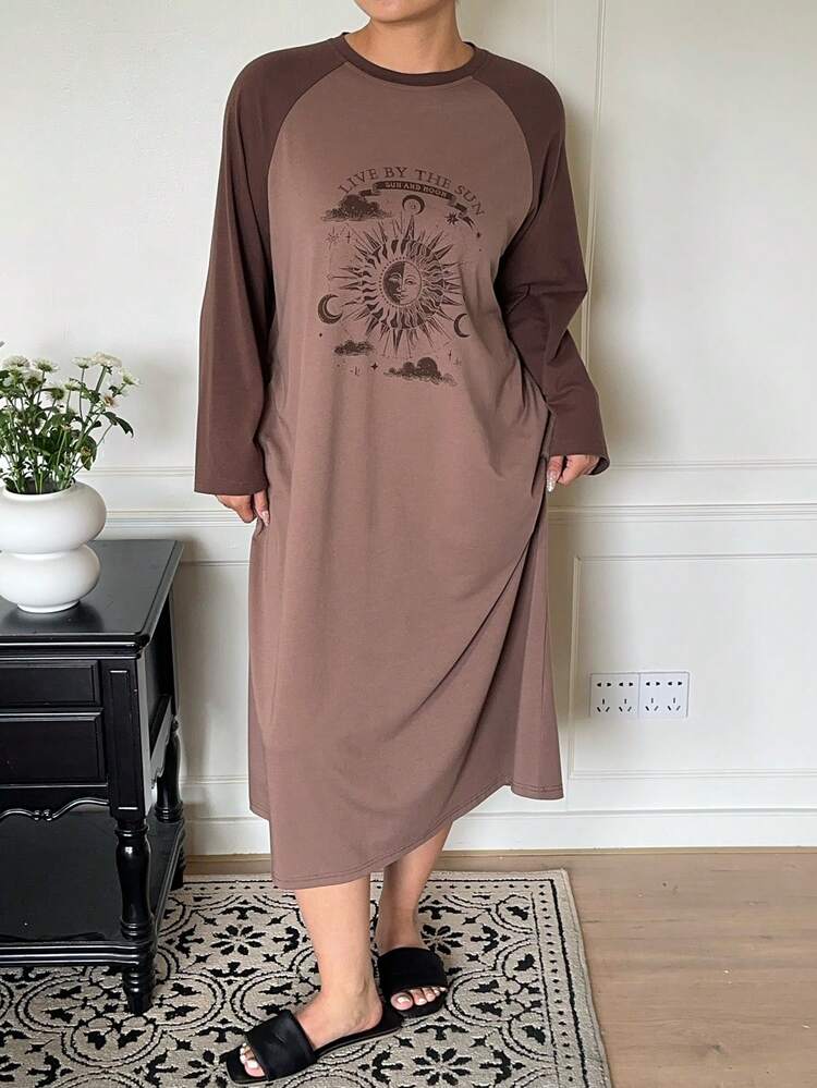 Dazy Plus Printed Pattern Contrast Color Raglan Sleeve Loose Plus Size Women Spring/Summer Long Nightgown