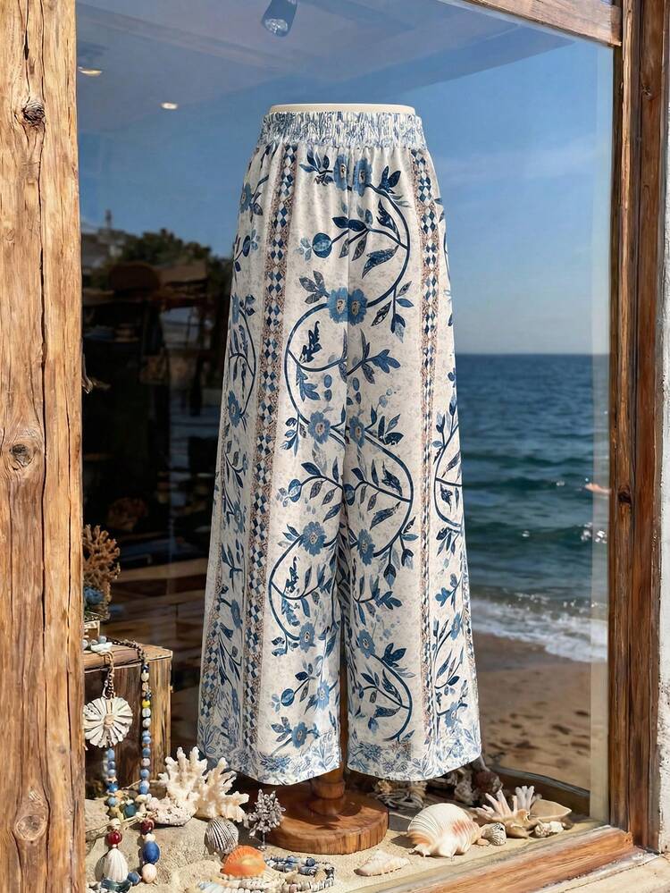 Plus Size Women Floral Print Casual Pants With Pockets, Suitable For Summer & Autumn\Vacation Summer Outfits Summer Clothes  Spring  Spring Outfit Women Spring Clothes Country Style For Women Beach Outfits For Women  Beach Vacation Outfits For Women Seaside Retro Mannequin Window Display