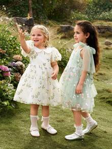 SHEIN Glamorique Kids 花童、生日派对、婚礼、节日礼服、女童公主裙、幸运大蝴蝶结、花卉网纱蓬蓬裙、参加派对或特殊场合、华丽连衣裙、可爱、美丽、四季皆宜、复活节、夏季、优雅派对礼服 - 綠色 - 查看 11