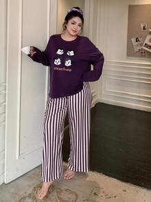 Dazy Plus Bộ đồ ngủ cỡ lớn dành cho nữ, in chữ hoạt hình, tay dài và quần kẻ sọc. - Màu tím - Xem 6