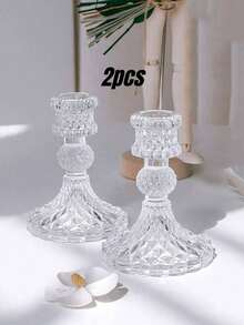 1 cái/2 cái Chân nến bằng thủy tinh trong suốt họa tiết kim cương, Đồ trang trí nội thất cho bàn ăn, phòng khách, đám cưới, quà tặng - Trong sáng - Xem 9