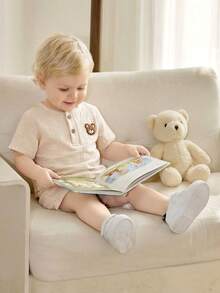 Souflis Souflis 2件套可爱小熊图案男婴法式休闲短袖T恤和裤子套装 - 杏色 - 查看 7