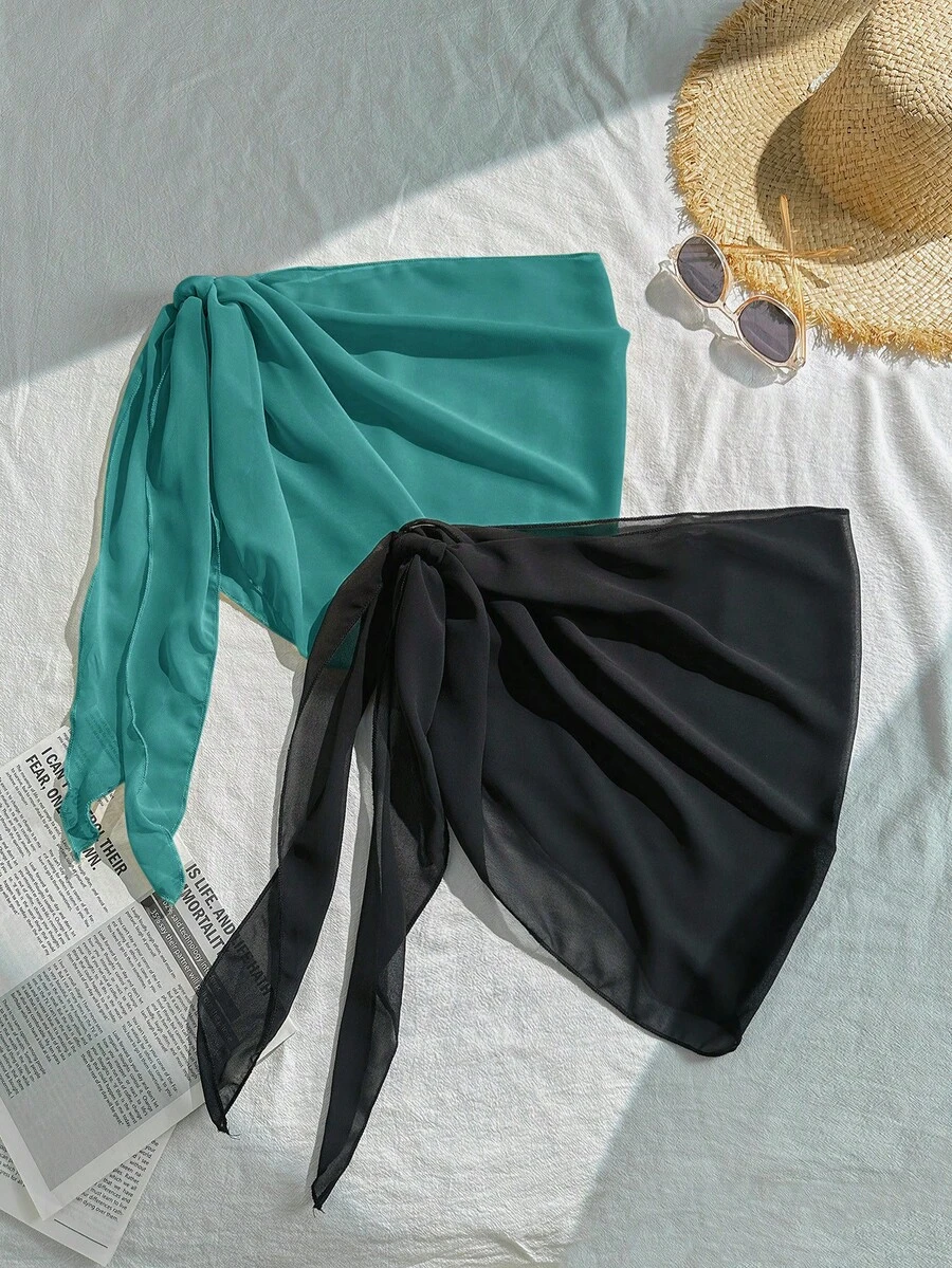 Swim Basics 2pcs/Set Women 2026 Vacation Solid Color Coverup & Mini Skirt - Green - View 1