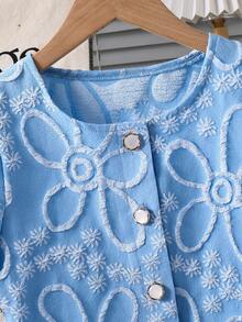 SHEIN Girls' Casual Elegant White Shiny Jacquard Pearl Button Cardigan Paired With Pleated Skirt Set - Blue - View 6