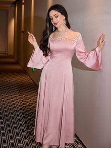 Modelyn Women's Elegant Romantic Long Dress With Embossed Texture, Cinched Waist, A-Line Silhouette, Long Sleeve, Spring/Summer - Pink - View 7