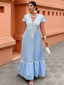 Breezaya 大码女式休闲度假沙滩仿亚麻蕾丝边V领短袖A字长裙，春夏款 - 藍色 - 查看 5