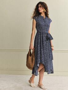 Écloséra French Retro Shirt Dress, Women's Tie-Waist Cardigan Long Dress, Women's Beach Dress, Women's Elegant Dress, Women's Vacation Outfit, Women's Holiday Outfit, Women's Long Casual Dress, Women's Elegant Party Dress, Women's Beach Dress, Women's Navy Blue Dress, Women's Floral Dress. French Dresses For Women Summer Dress Polkadot Dress Polka Dot Dresses For Women Midi Summer Dresses For Women - Navy Blue - View 4