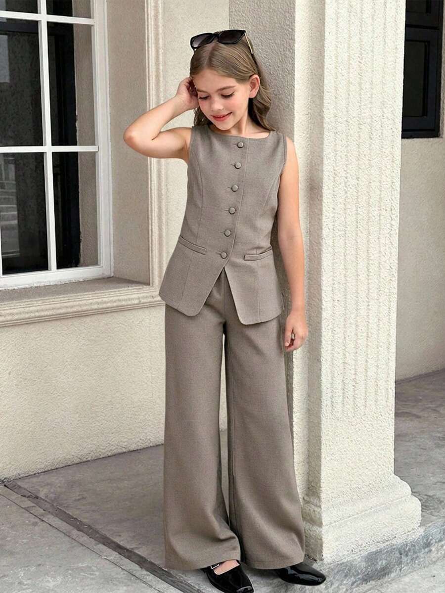 少女格子日常穿着抓绒足球/运动裤 黑白运动阔腿裤 - 灰色 - 查看 1