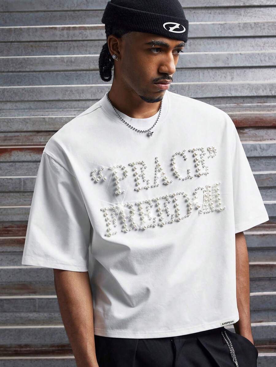 AXEPEAK 男士休闲仿珍珠字母印花短袖T恤，夏季 - 白色 - 查看 1