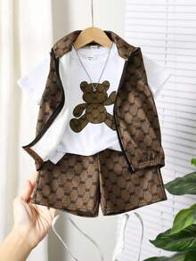 Young Boys 3-Piece Set: Cute Bear & Letter Print Soft Knit Crew Neck Short Sleeve Top, Vest, And Shorts, Casual, Comfortable, Versatile For Daily Wear, Travel, Outdoor, Holidays, Beach, Summer - Khaki - View 2