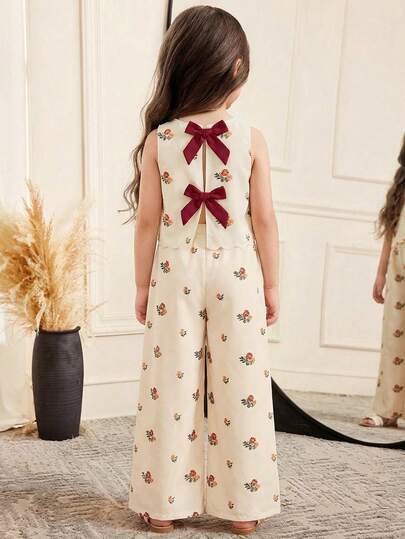 SHEIN 2pcs/Set Young Girl Ditsy Floral Bow Front Sleeveless Top & Loose Casual Pants Sets