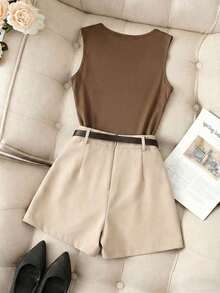 Franclia 棕色弹力针织修身无袖上衣，不对称领口设计，搭配杏色时尚半身裙裤 - 女士两件套 - 杏色 - 查看 2