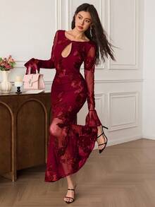 EastFlair 女士优雅花卉刺绣网纱连衣裙 - 酒紅色 - 查看 3