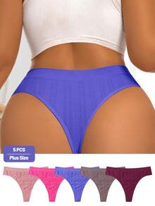 SHEIN 5pcs Women Plus Size Basic Solid Seamless Comfortable Ribbed Knitted Sexy Thong Panties - Multicolor - View 3