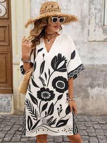 Brillora Áo khoác kimono nữ cổ chữ V in hoa, kiểu dáng thường ngày, có túi hai bên. - Đen và trắng - Xem 5