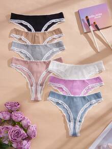 NudeFit 7pcs Women's Assorted Color Comfortable Ribbed Lace Trim Thong Panties Set,High Waist Cotton Wedding Underwear Pack,Multicolor,Summer,Cute - Multicolor - View 2