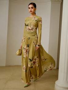 ZEYLAH 女士花卉印花网眼圆领长袖荷叶边优雅针织连衣裙 - 綠色 - 查看 7