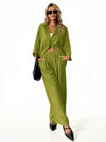 Aveloria Modichic 2件套 女士混纺侧开衩宽松衬衫和高腰阔腿裤 优雅商务休闲女装 - 綠色 - 查看 5