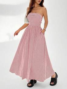 SHEIN EZwear Đầm quây eo kẻ sọc kiểu dáng thường ngày dành cho nữ, mùa hè. - Đỏ - Xem 4