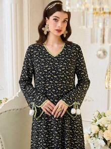 Yasmyna 女士印花宽松长袖阿拉伯连衣裙 - 黑色 - 查看 10