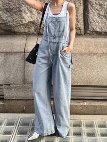 FRIFUL Women's Washed Denim Bib Pants - Blue - View 1