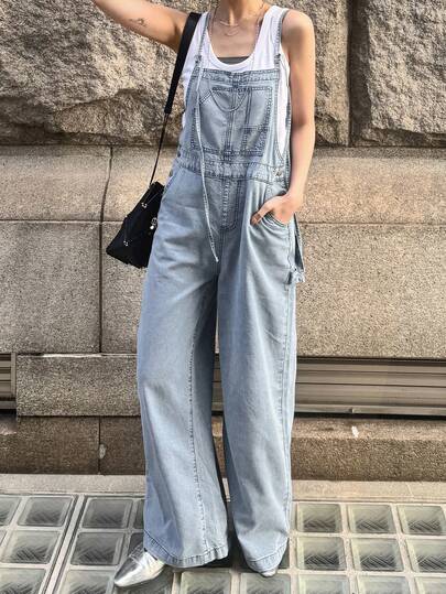 FRIFUL Women's Washed Denim Bib Pants