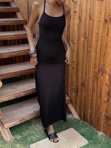 Livesso 黑色吊带露背系带性感紧身连衣裙，适合音乐节、情人节、婚礼、时尚派对、休闲、海滩等场合，女士夏季长款连衣裙，邮轮度假装扮，女士吊带裙 - 黑色 - 查看 4