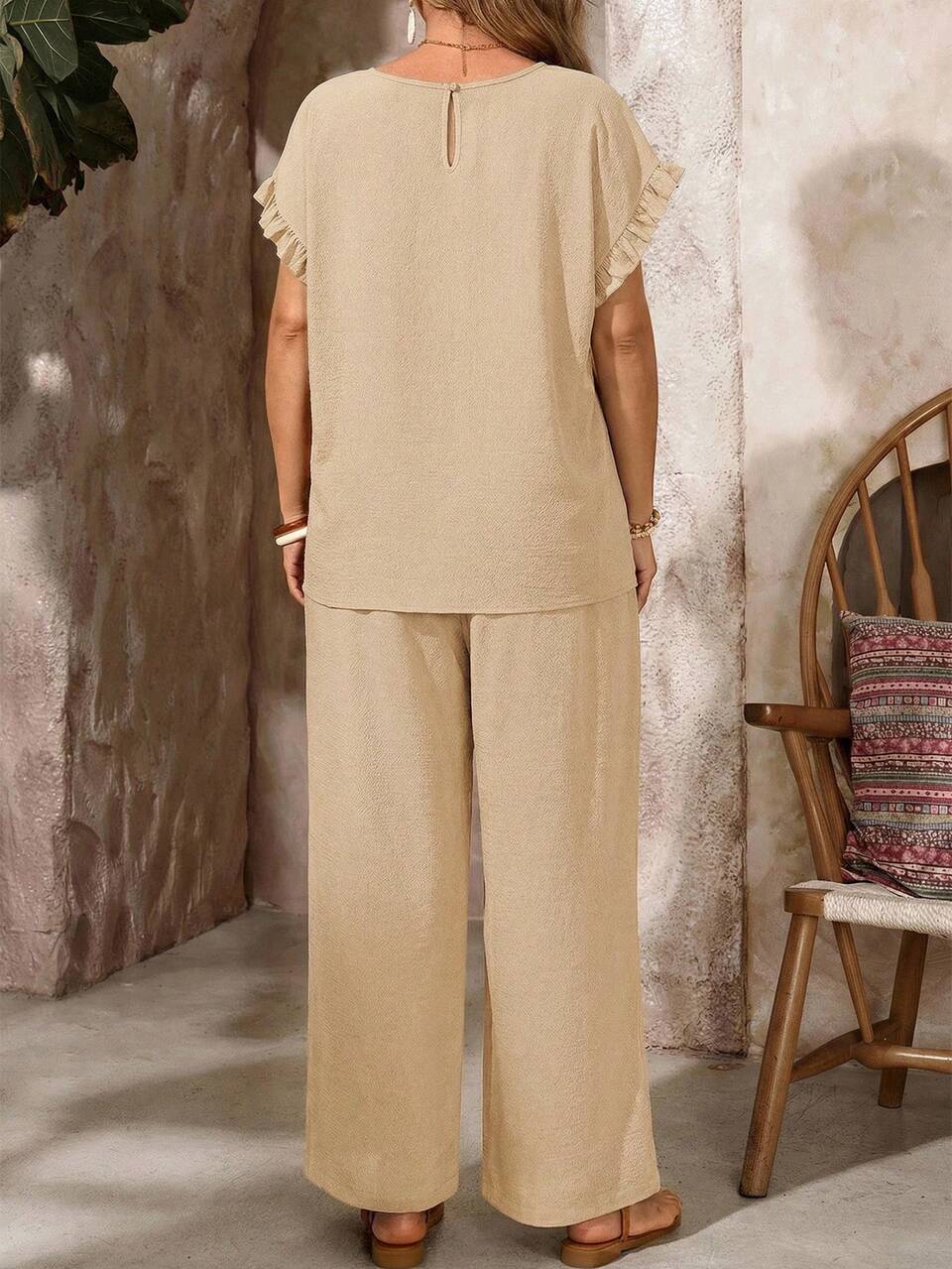 Plus Size Women's Petal Sleeve Shirt With Ruffle Hem&Elastic Waist Pants Set,Beige,Summer,Boho,Vacation,Holiday Bohemian Casual 2 Pieces Summer Outfit