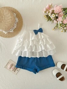 Baby Girl Vacation Casual Cute White Ruffle Strap Tank Top And Elastic Waist Shorts Set - White - View 3