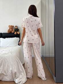 SHEIN Napfluff Bubble Wrinkle Cartoon Bear Collar Short Sleeve Pajama Set - Apricot - View 2