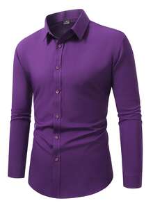 Manfinity Mode Men's Purple Plain Long Sleeve Regular Fit Business Formal Button Front Shirt Collar Top - Purple - View 4