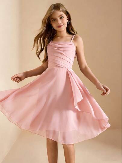 Elegant Luxurious Navy Blue Spaghetti Strap Mid-Length Fitted Dress For Tween GirlsSuitable For Evening Parties, Banquets, Birthdays, Performances, Vacations, Weddings, Flower Girl, Dances, Graduation, Christmas, Halloween, And Other Occasions Fashionable Summer Dress Tween Bridesmaid Dress Tween Girl Solid Color Sleeveless Dress Tween Girls Elegant Dress Light Pink Teen Girl Dresses Flounce