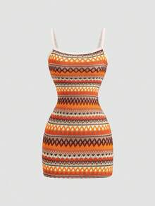 Sweetra 女士橙色编织波浪条纹吊带连衣裙，修身剪裁，性感欧式风格，浪漫度假之选 - 橘色 - 查看 3