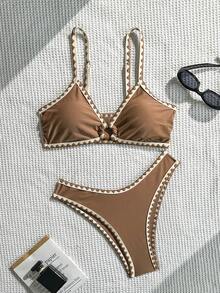 Swim Basics مجموعة بكيني ثلاثية قطع للنساء بخصر منخفض وتريم من أصداف البحر، بألوان صلبة وأشرطة قابلة للتعديل، موديل جديد لصيف - متعدد الألوان - مشاهدة 1