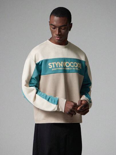 STYNVO Men's Contrast Color Print Crew Neck Long Sleeve Pullover Sweatshirt