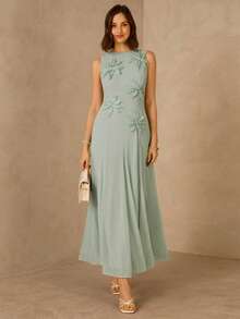 Enchnt 女士优雅无袖连衣裙，饰有3D立体花卉图案，圆领 - 綠色 - 查看 1