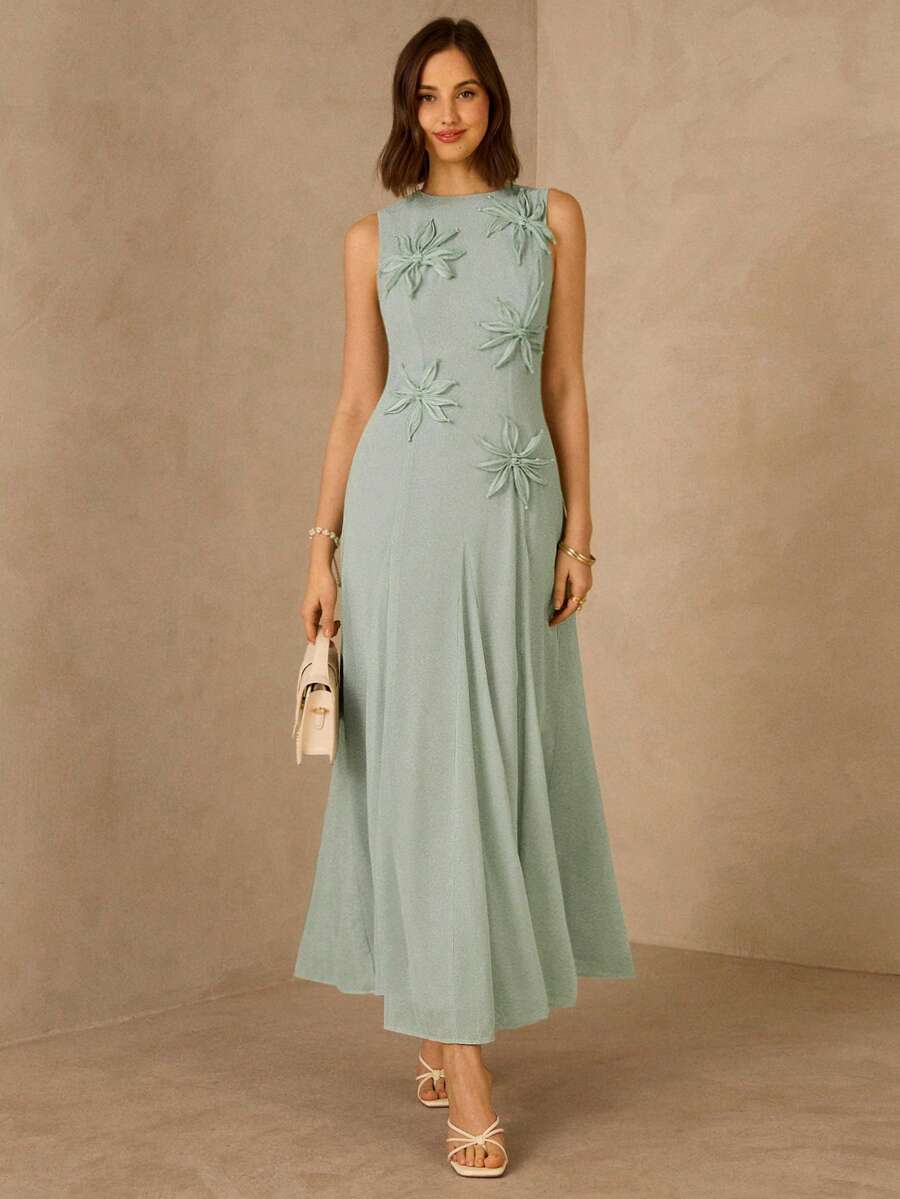 Enchnt 女士优雅无袖连衣裙，饰有3D立体花卉图案，圆领 - 綠色 - 查看 1