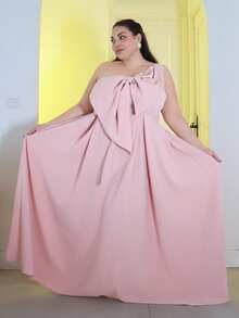 Pretty and Ole Große Größen Elegantes romantisches Partykleid mit asymmetrischer Schulter und Schleife in Taillengröße für Damen, A-Linie, geeignet für Partys, Hochzeitsgäste, Brautjungfern, Herbst/Winter - Pink - Übersicht 6
