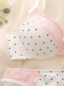 DelicateAllure 2pcs Pink Lace Patchwork Polka Dot Bra Set, High Support Underwire Lift & Gather, Cute & Charming Women's Lingerie Set - Black and White - View 5