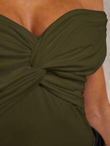COSMINA Women's Solid Color Off-Shoulder Twist Design Bodysuit - Green - View 7