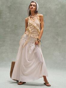 Bohemela Top halter de mujer estilo bohemio para primavera/verano, con un diseño elegante y romántico de volantes y un patrón de encaje jacquard. Adecuado para vacaciones en la playa, uso diario, festivales de música y looks de fiesta, vuelta al colegio, estilo callejero estadounidense, así como deportes, salidas, ciclismo, fiestas, San Valentín, carnavales y festivales de música. - amarillo ganso - Ver 5